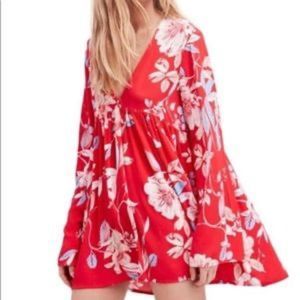 Free People Red Bella Tropical Floral Mini Dress Tunic Medium
